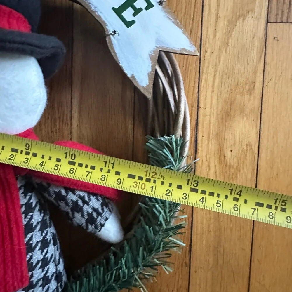 Christmas Stuffed Snowman WELCOME Door Wreath w. Red Scarf & Vines. Wood Sign.